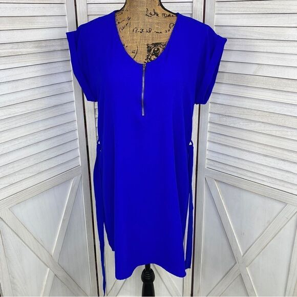 Tovia Scoop Neck Tie Waist Tunic Shirt Dress Cobalt Blue Large Mini - Picture 5 of 13